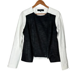 Tibi  Colorblock Moto Jacket Zip Up Long Sleeve Pockets Black/White